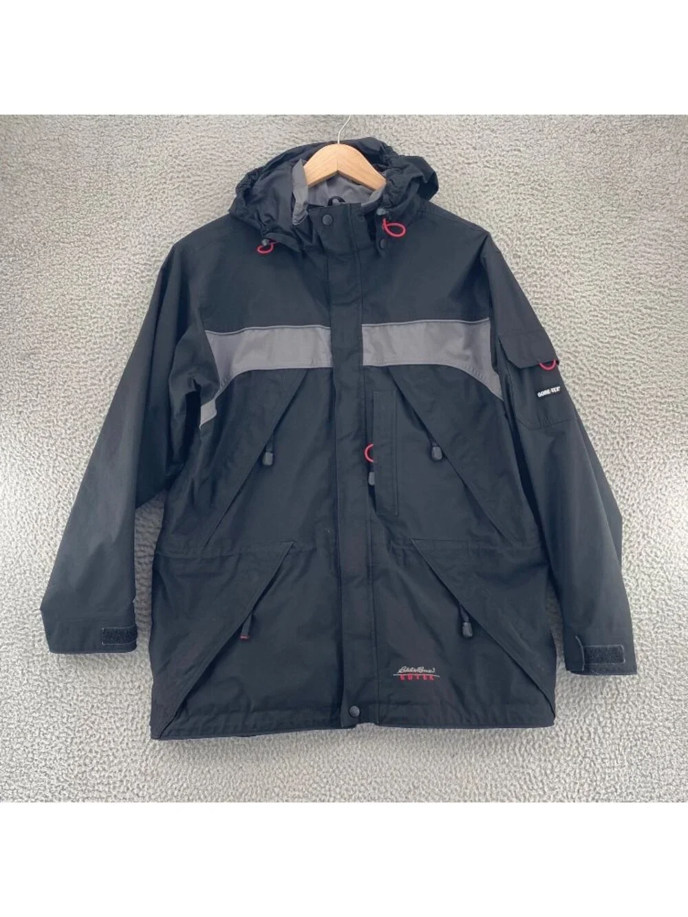 Eddie Bauer Coat Mens Medium Black EBTEK Gore Tex Hooded Weathergear Zip Pocket*
